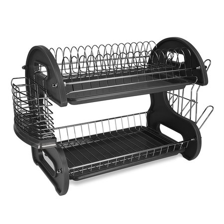 HOME BASICS Home Basics 2 Tier Plastic Dish Drainer, Black ZOR96080